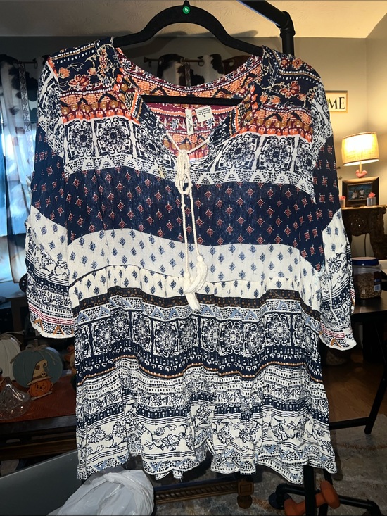 Love Potion Tops - Bohemian Lace-Up Tunic Top — Navy, White & Rust